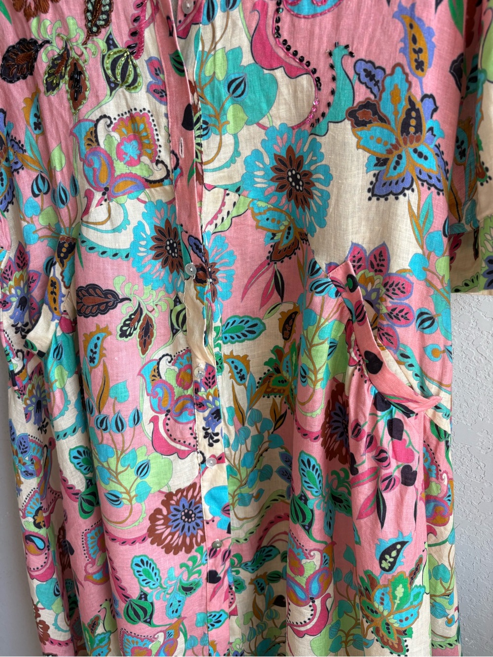 Anjuna Collection Embellished Floral Cotton Maxi Shirt Dress US12 Made in Italy - Picture 11 of 16